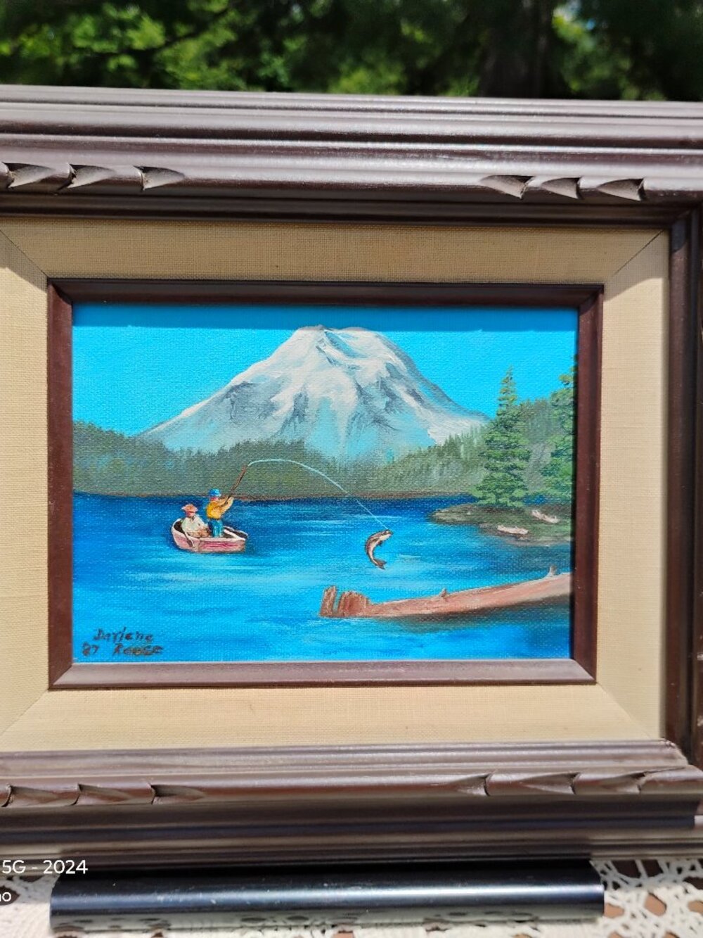 fishing scene with snow capped mountain orig framed oil on canvas Darlene Reese